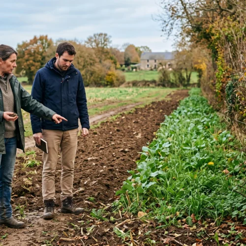 Personne observant avec une agricultrice des cultures, un sol couvert et des haies sur une exploitation française