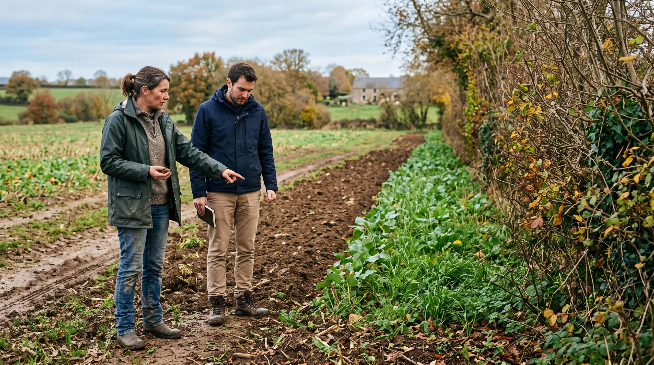 Personne observant avec une agricultrice des cultures, un sol couvert et des haies sur une exploitation française