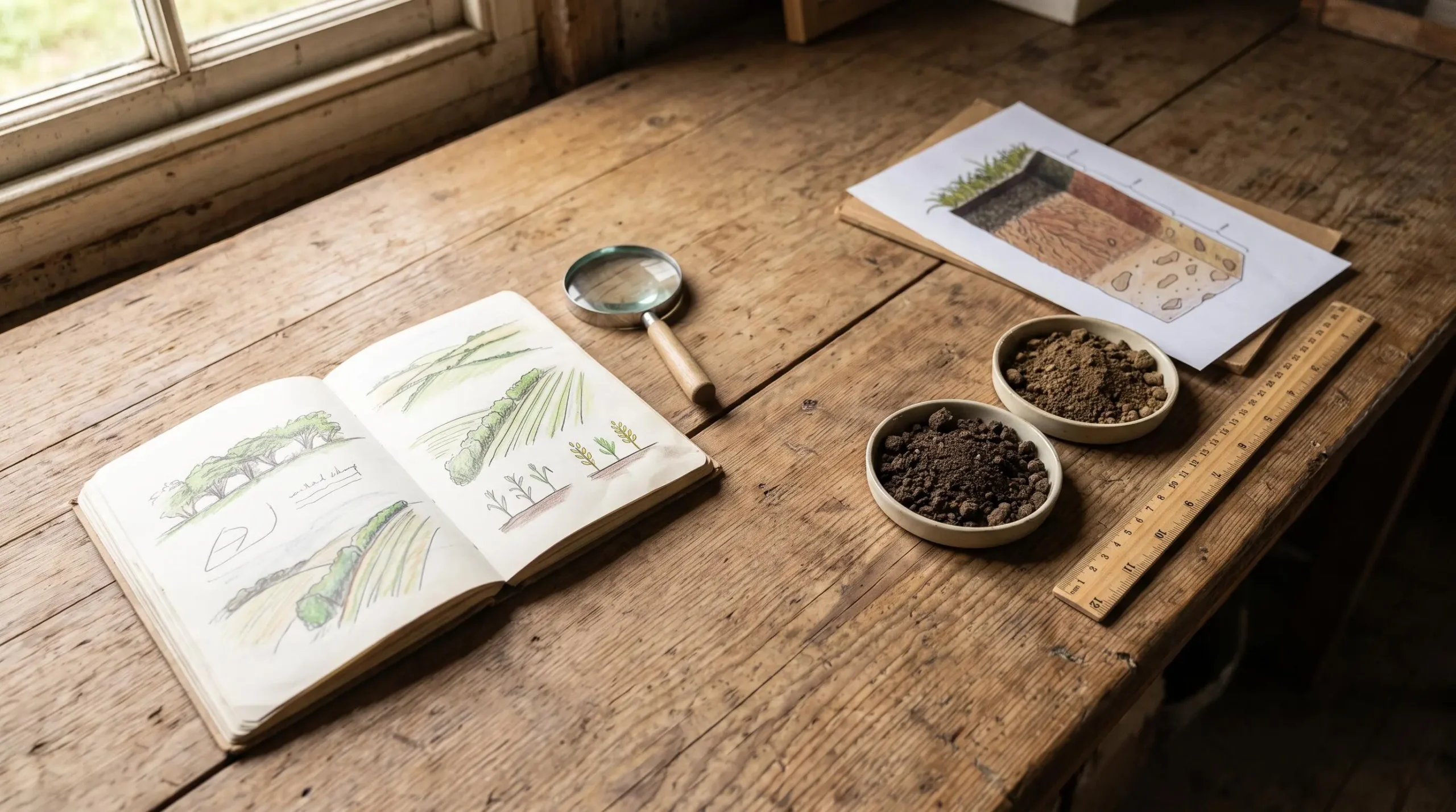 Carnet de découverte agricole ouvert à côté de prélèvements de sol et d’un schéma agronomique simple