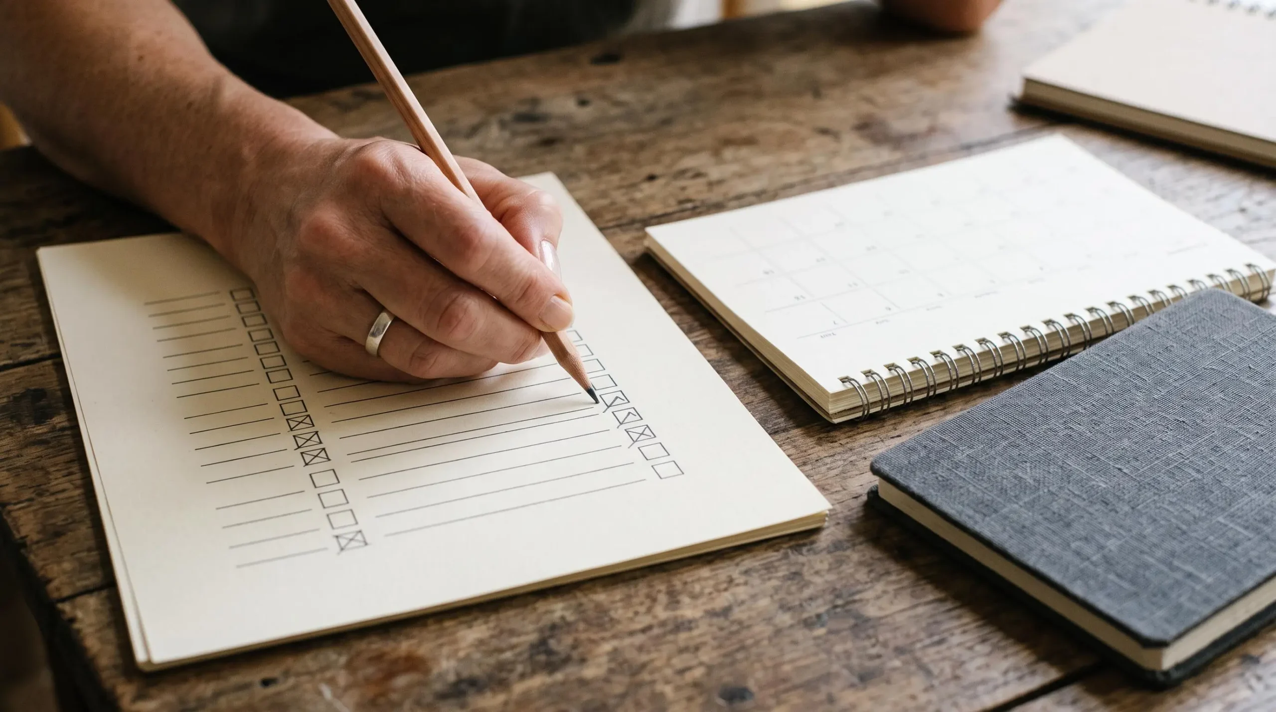 Main vérifiant une fiche de formation neutre avec cases relatives au programme, au niveau et à la durée